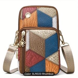 Multicolor Geometric Patchwork Vegan Crossbody Bag - Brown Multi Color